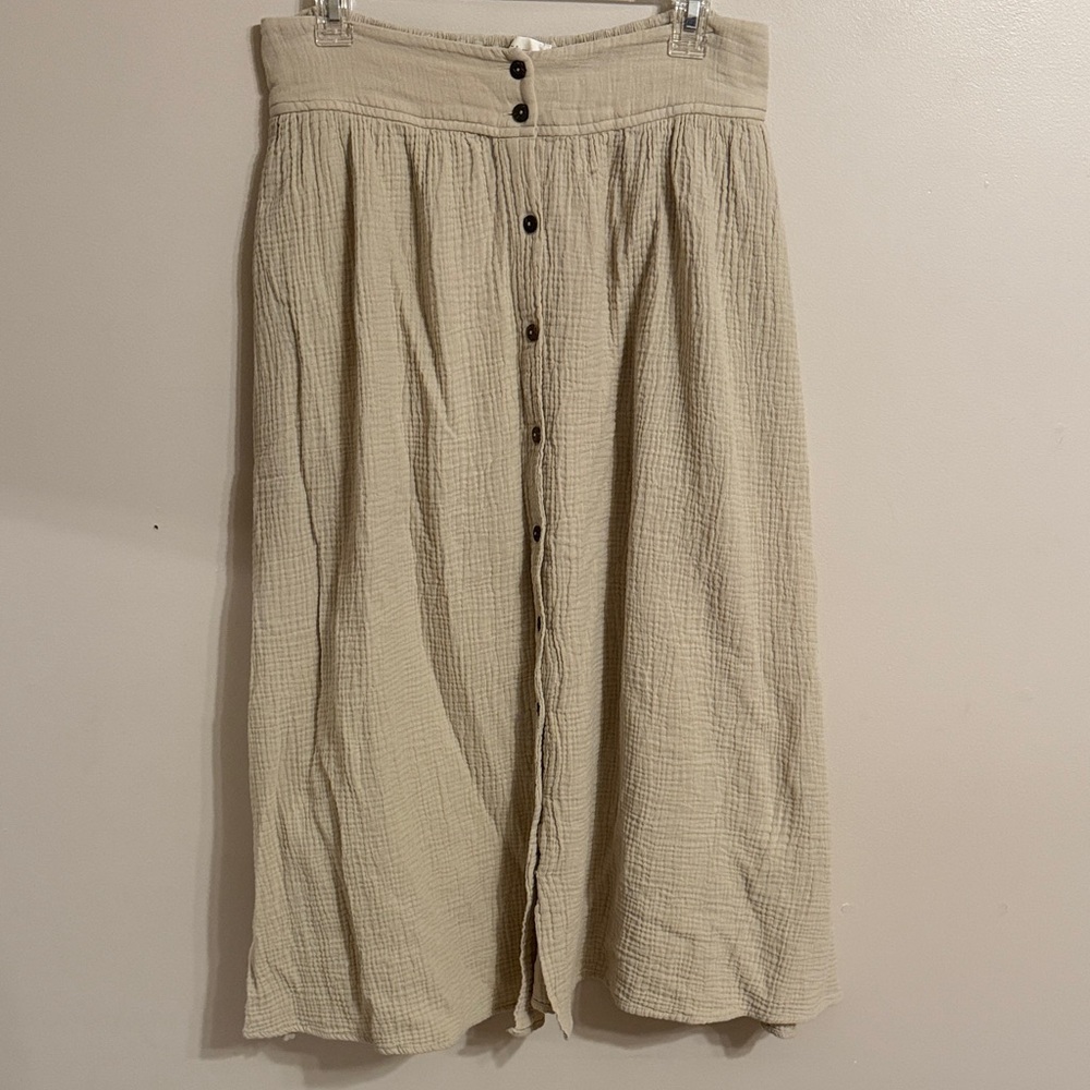 Bohme 100% Cotton Textured Tan Midi Skirt Button Front Cottagecore Prairie Large
